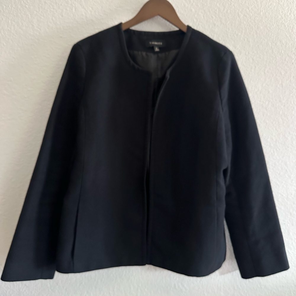 Talbots Blazer Womens 16 Black Open Front Waffle knit Round Neck Jacket